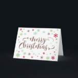 Snowflake Stollig, Warm Brown God jul Type Helgkort<br><div class="desc">Genom att använda en färsk, modern palett med en vintage vibe skapades den här vismiska designen för dem som njuter av trender men uppskattar en unik smak. Ord "God jul" återges i ett roterande kalligrafteckensnitt, i varm brunt. Runt ord är snöflingor på att matcha brun, äppelblått grönt, ljust rött och...</div>