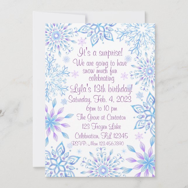 Snowflake Surprise Snö Mycket Roligt Birthday Inbjudningar (Framsida)