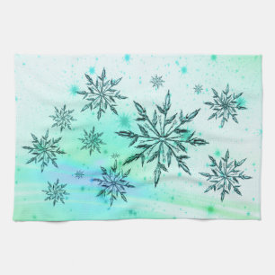 Snowflake swirtal teal blue grönt vintersöt kökshandduk