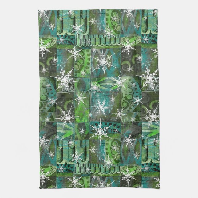 Snowflake Teal and Grönt Helgdag Kitchen Towel Kökshandduk (Vertikal)
