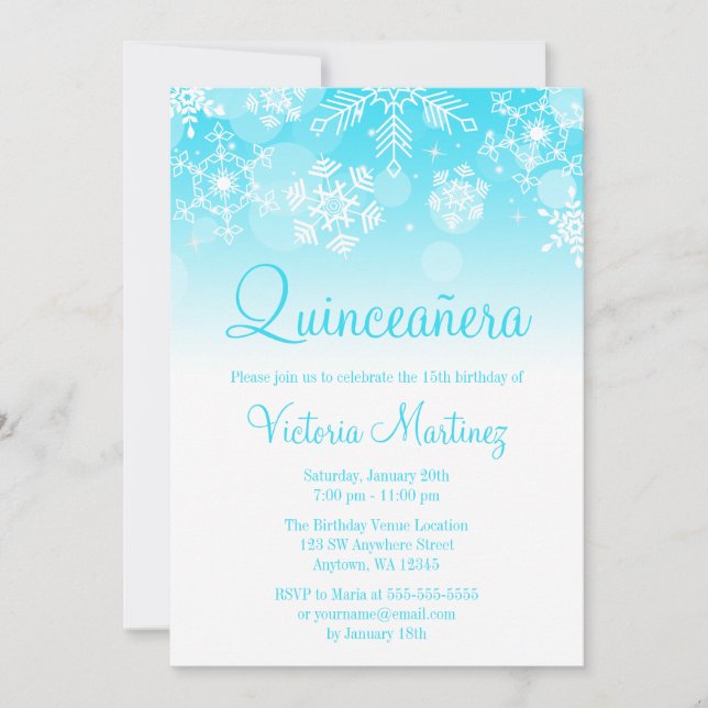 Snowflake Teal White Winter Wonderland Quinceanera Inbjudningar (Framsida)