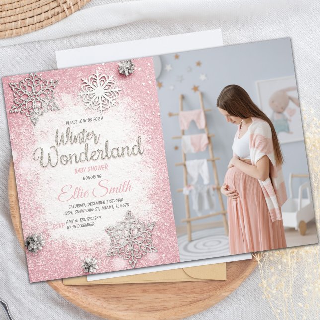 Snowflake Theme för Flicka Inbjudningar (Pink Silver Glitter Winter Baby Shower Invitations)