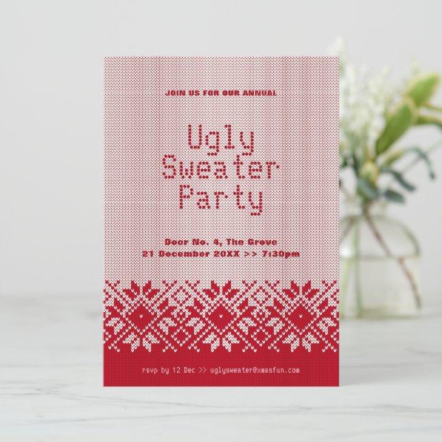 Snowflake Ugly Sweater Party Red jul Inbjudningar (Stående Fram)
