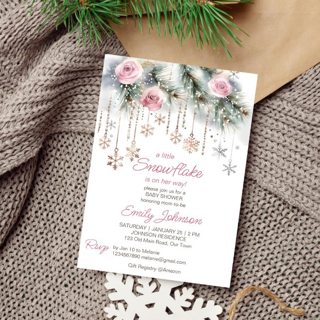 Snowflake vinterbabydusch inbjudningar (Little snowflake winter baby shower template invitation digital download pastel blush roses pines)
