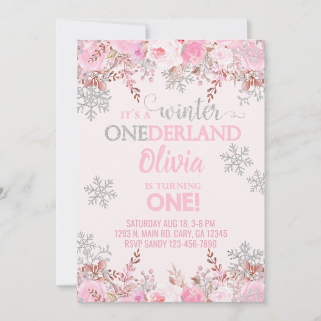 Snowflake vinterflicka 1:a födelsedag inbjudan. inbjudningar (Framsida)
