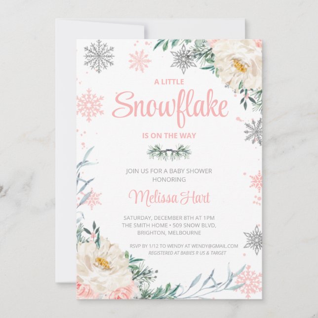 Snowflake Winter Blommigt Girls Baby Shower Inbjudningar (Framsida)