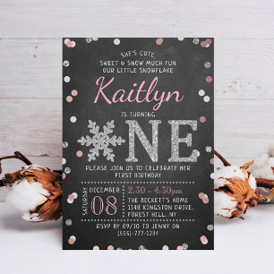 Snowflake Winter Chalkboard 1:a födelsedag Inbjudningar
