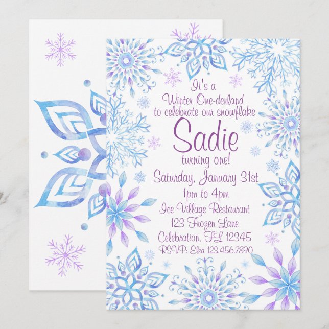Snowflake Winter One-Derland First Birthday Inbjudningar (Fram/baksida)