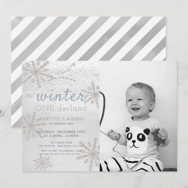 Snowflake Winter Onederland 1st Photo Birthday Inbjudningar (Fram/baksida)
