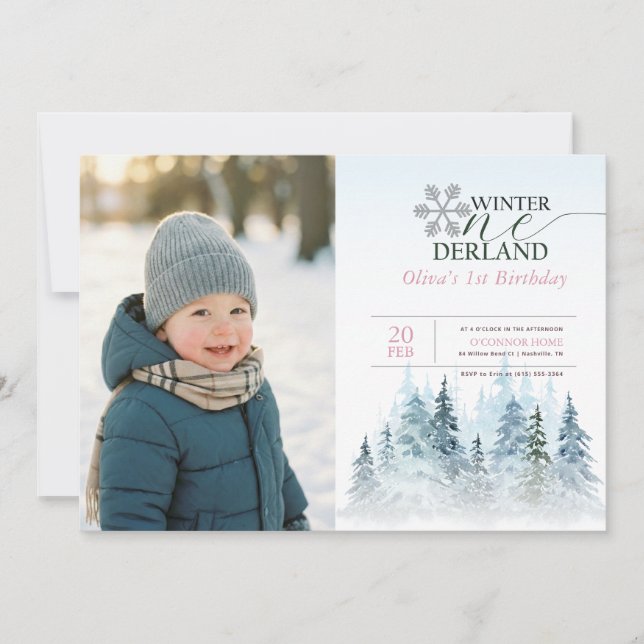 Snowflake Winter Onederland Kid Photo 1st Birthday Inbjudningar (Framsida)