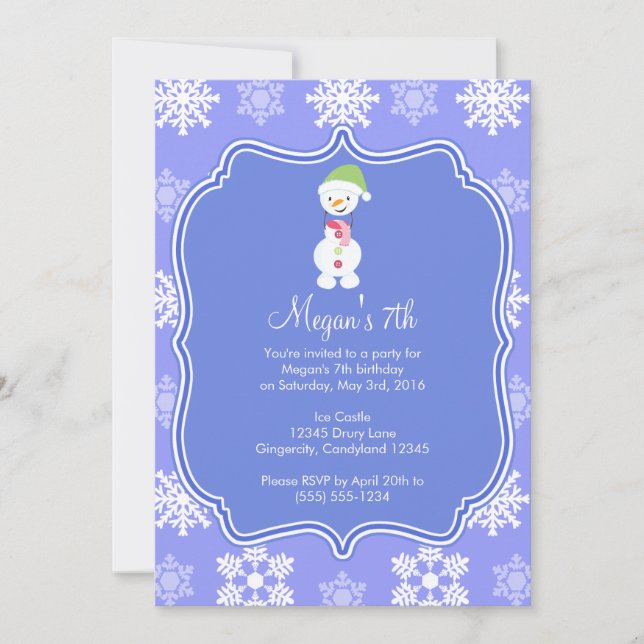 Snowflake Winter Snögubbe Birthday, fryst Inbjudningar (Framsida)