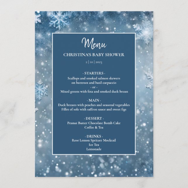 Snowflake Winter Wonderland Blue Baby Shower Meny (Framsida)