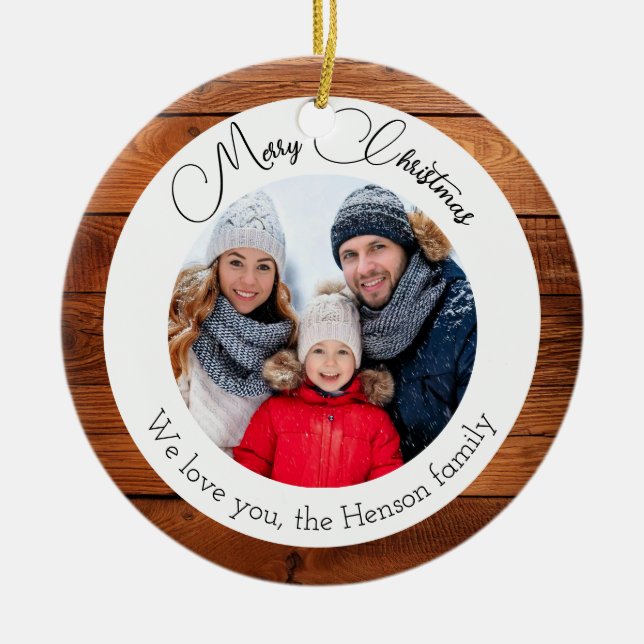 Snowflake Wood Christmas Family Photo  Julgransprydnad Keramik (Framsidan)