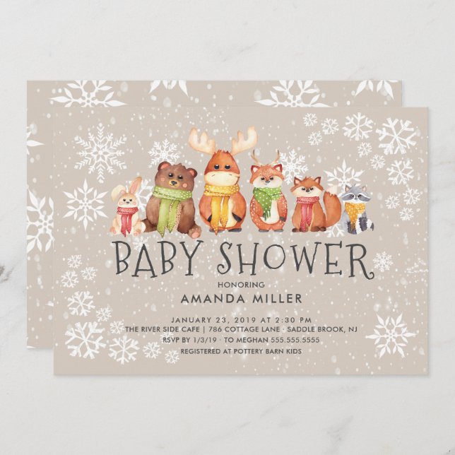Snowflake Woodland Animals Baby Shower-inbjudan Inbjudningar (Fram/baksida)