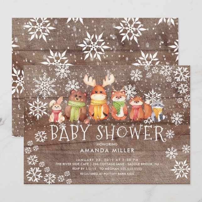 Snowflake Woodland Animals Baby Shower Inbjudningar (Fram/baksida)