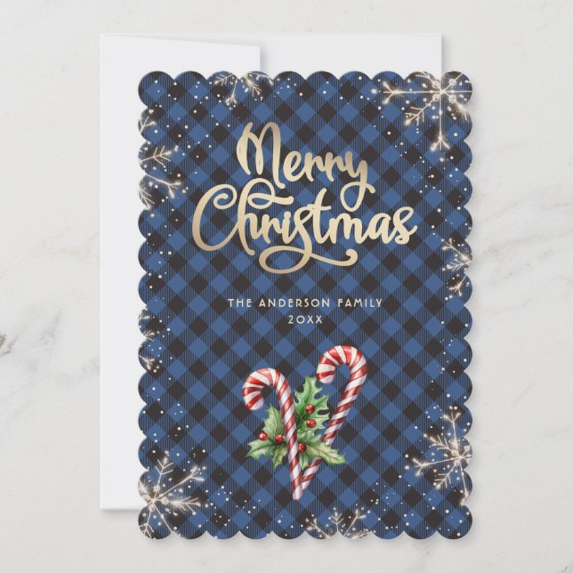 Snowflakes Candy Cane Blue Plaid Christmas Card Julkort (Framsida)