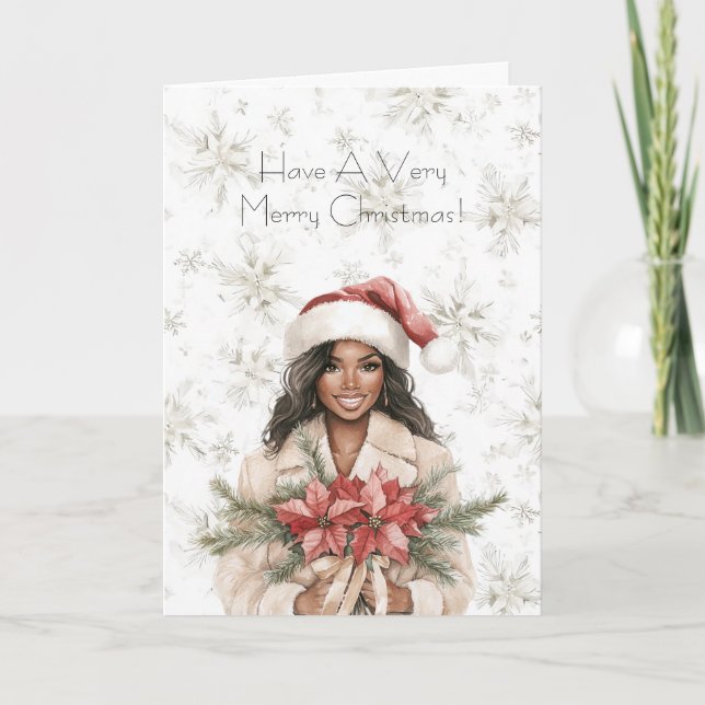 Snowflakes Christmas Black Woman Poinsettia Floral Kort (Framsida)