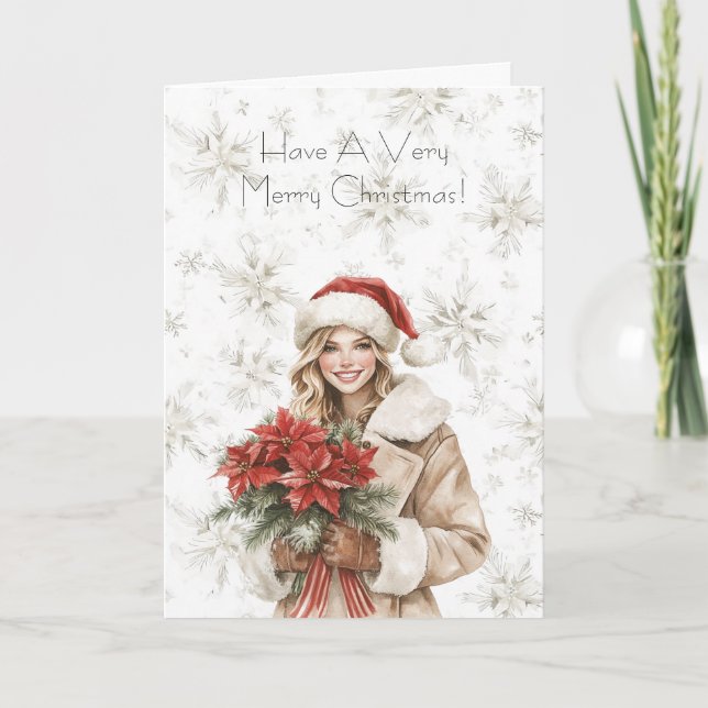 Snowflakes Christmas Blond Woman Poinsettia Floral Kort (Framsida)
