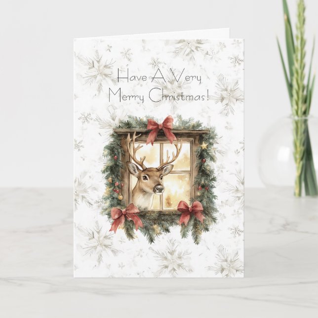 Snowflakes Christmas Deer in Window Red Bows Kort (Framsida)