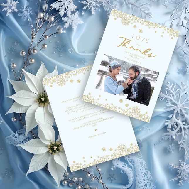 Snowflakes First Merry Christmas Fake Golden Tack Kort (Snowflakes First Merry Christmas Fake Golden Effect Romantic Typography Thank You Card with Envelope)