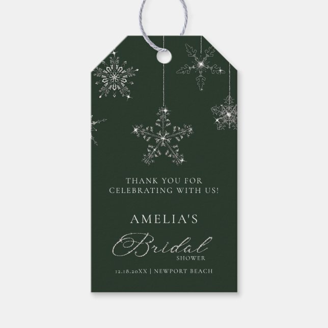 Snowflakes Glitter Green Winter Bridal Shower  Presentetikett (Framsidan)