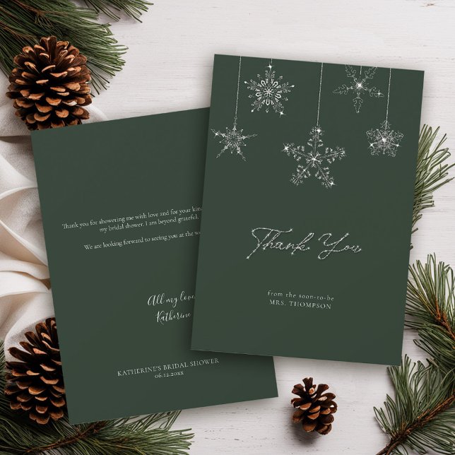 Snowflakes Glitter Green Winter Bridal Thank You Tack Kort (winter bridal shower thank you card sage green glitter snowflakes elegant script classy chic)
