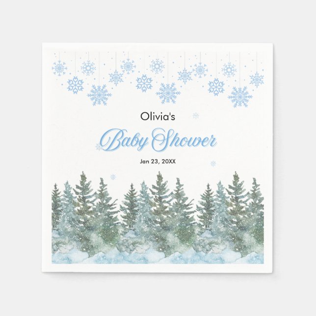 Snowflakes Pine Trees Winter Baby Shower  Pappersservett (Framsidan)