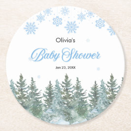 Snowflakes Pine Trees Winter Baby Shower  Underlägg Papper Rund