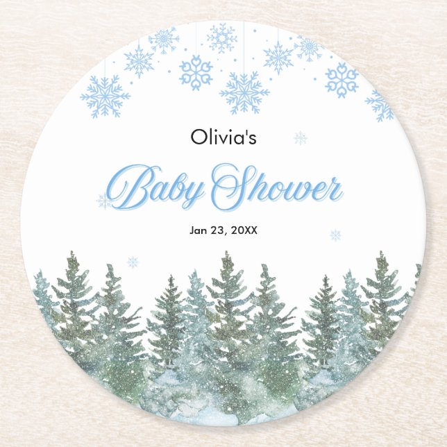 Snowflakes Pine Trees Winter Baby Shower  Underlägg Papper Rund (Framsidan)