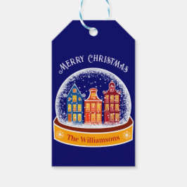 Snowglobe Amsterdam Village jul Presentetikett