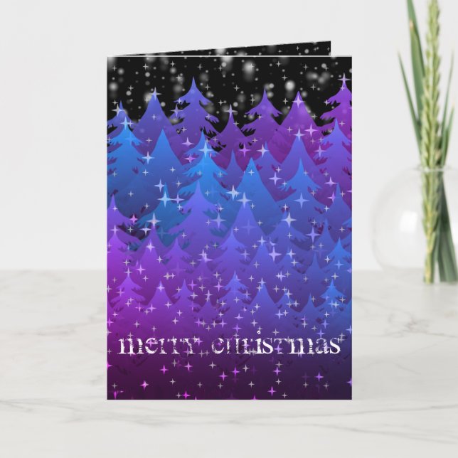 Snowing Starry Night Mystical Blue Lila Forest Helgkort (Framsida)
