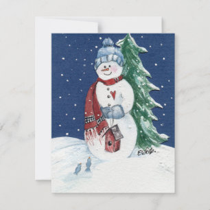 SnowLady välkomnar fåglar till fågelhuset i Skogen Julkort