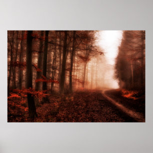 Snowless skog för dramatisk röd dimmig vinter poster