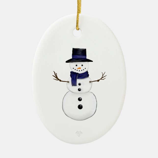 Snowman and Blue Snowflake Ceramic Oval Ornament (Framsidan)