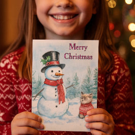 Snowman and Cat Merry Christmas Kids Helgkort