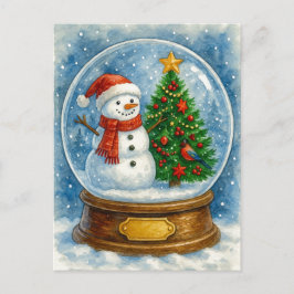 Snowman and Christmas Tree Snow Globe Postcard Helg Vykort