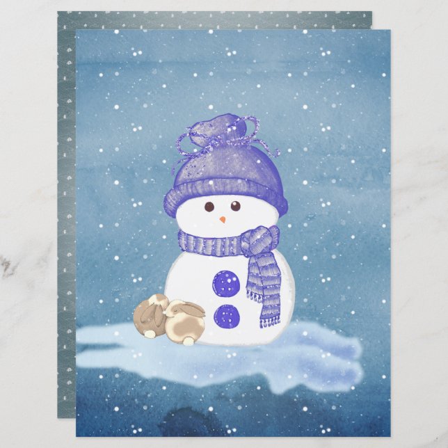 Snowman and Sleeping Bunnies Scrapbook Paper (Fram/baksida)