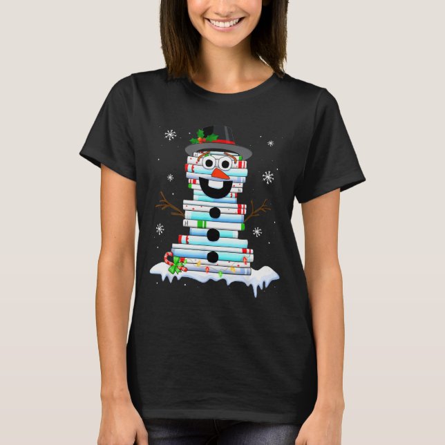 Snowman Book Stack Librarian Book Lover Christmas  T Shirt (Framsida)