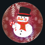 Snowman & Candycane Runt Klistermärke<br><div class="desc">Snögubbe med top hat och candy cane är alla planerade för Julhelgen</div>