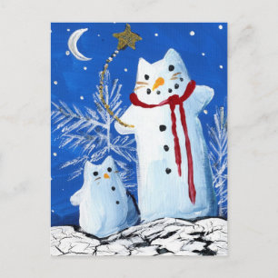 snowman Cat Wish on A star Vykort