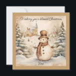 Snowman Classic Vintage Church Blessed Christmas Julkort<br><div class="desc">Share the warmth and peace of the season with this beautifully illustrated Christmas card, featuring a snowman in a cozy plaid scarf standing before a charming countryside church. Soft snow falls over the quiet landscape, creating a nostalgic winter scene that captures the heart of a traditional Christmas. Perfect for sending...</div>