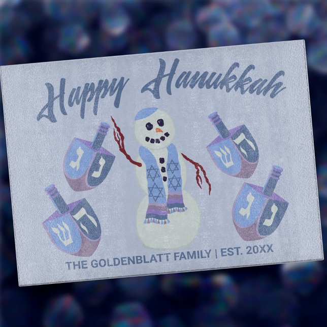 Snowman Dreidels Hanukkah Personalized Challah (Add a custom touch to your kitchen decor with this cute Happy Hanukkah glass cutting board)