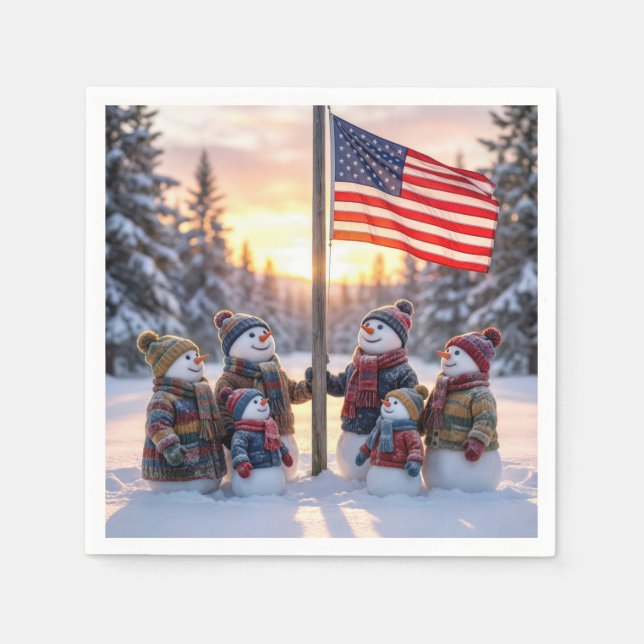 Snowman Family Gathering Around a Flagpole Pappersservett (Framsidan)