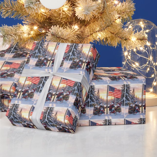 Snowman Family Gathering Around a Flagpole Presentpapper (Helgdagar)