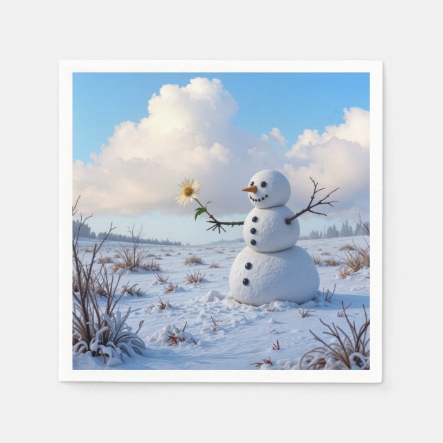 Snowman Holding a White Daisy Pappersservett (Framsidan)
