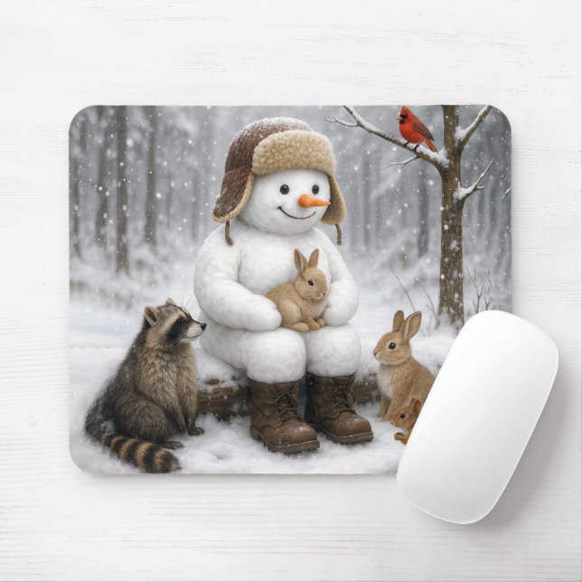 Snowman In Winter Woods With Animal Friends Musmatta (Med mus)