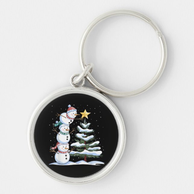 Snowman Merry Christmas Santa Claus Tree Snow Fami Rund Silverfärgad Nyckelring (Framsidan)