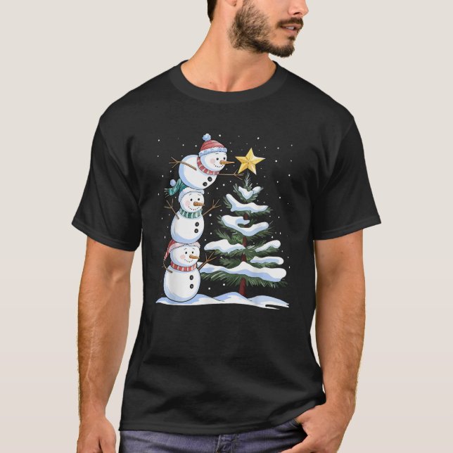 Snowman Merry Christmas Xmas Tree Snow Family Paja T Shirt (Framsida)