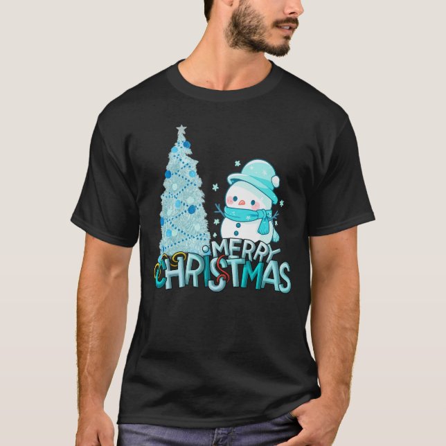 Snowman Merry Christmas Xmas Tree Snow T-Shirt (Framsida)