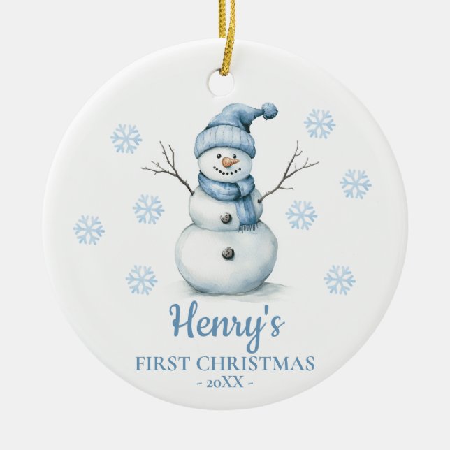Snowman Personalized Baby's First Christmas Julgransprydnad Keramik (Framsidan)